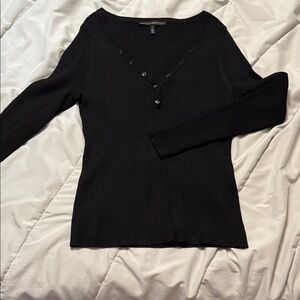 White House Black Market Black Ribbed Long Sleeve V-Neck Top with Button Accents